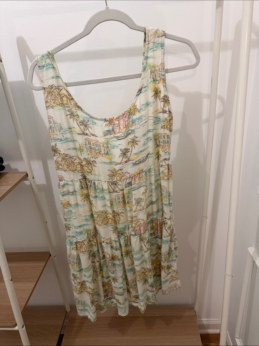 Cream Tropical-Print Tiered Mini Dress